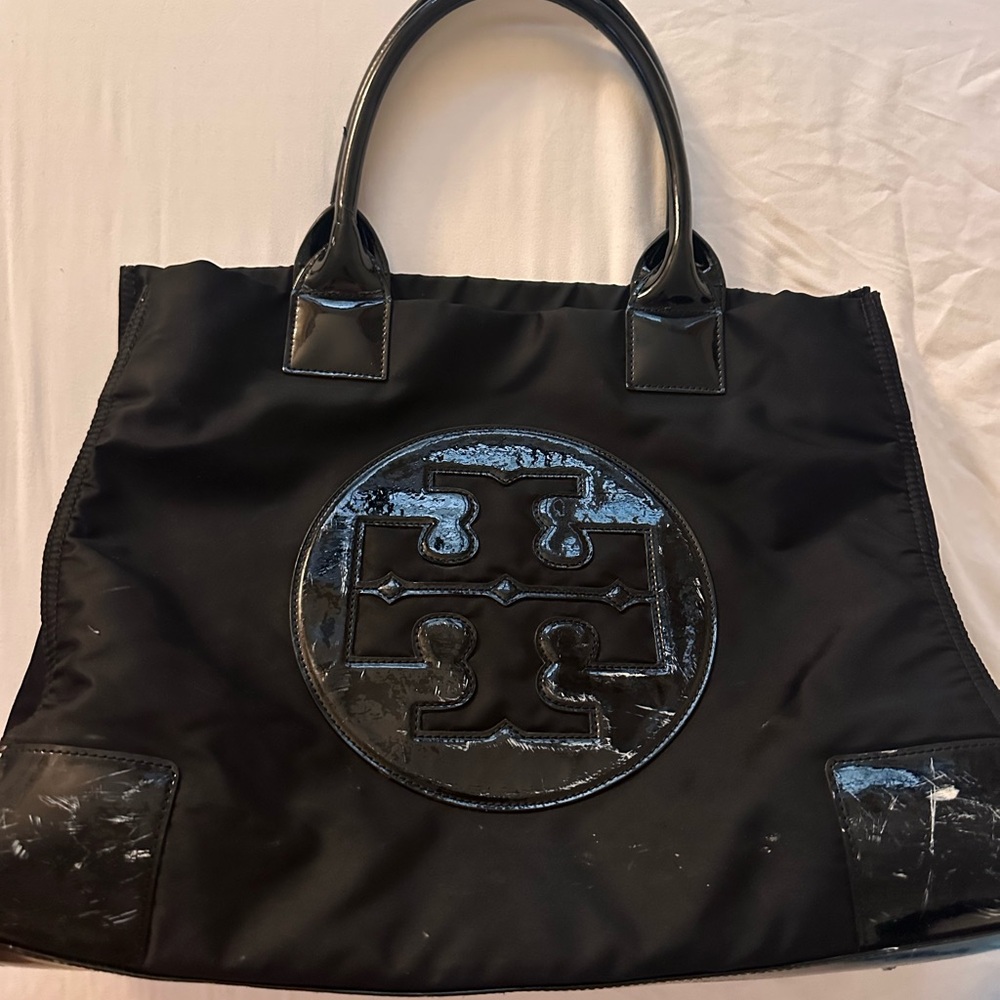 Tory Burch Black Nylon Tote with Leather Trim